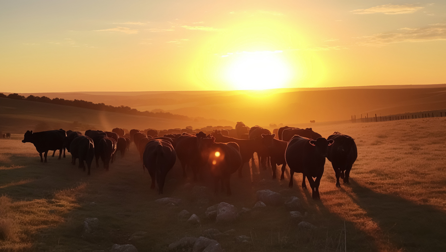Center herd cows graze pasture sunset created with generative ai technology